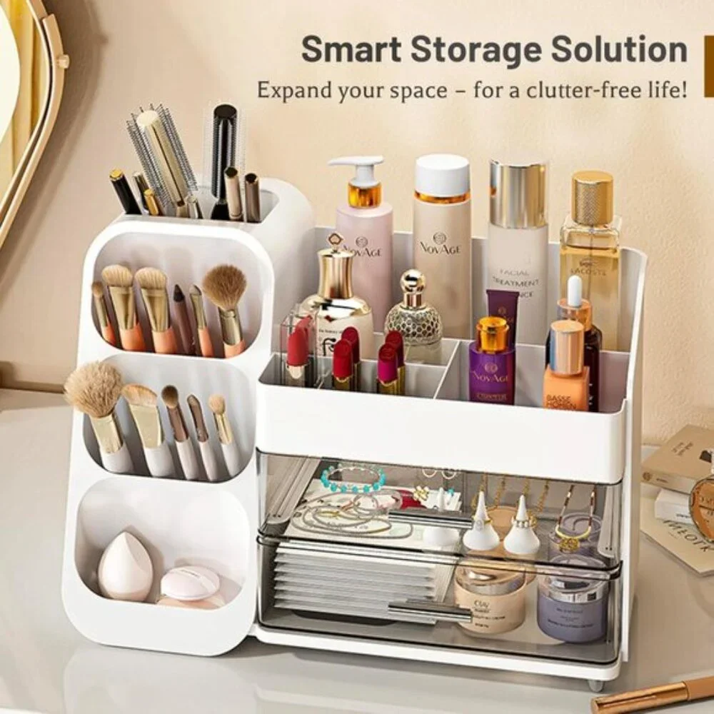White Makeup Organizer with Drawers & Brush Holder for Vanity & Skincare Storage
